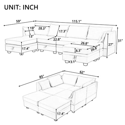 Oversized Modular Sectional Sofa with 2 Pillows, Convertible Sofa Bed with Storage Seat & Storage Ottoman, Upholstered U-Shaped Sectional Sofa with Reversible Chaise, 6 Seaters Sofa Sleeper Sofa