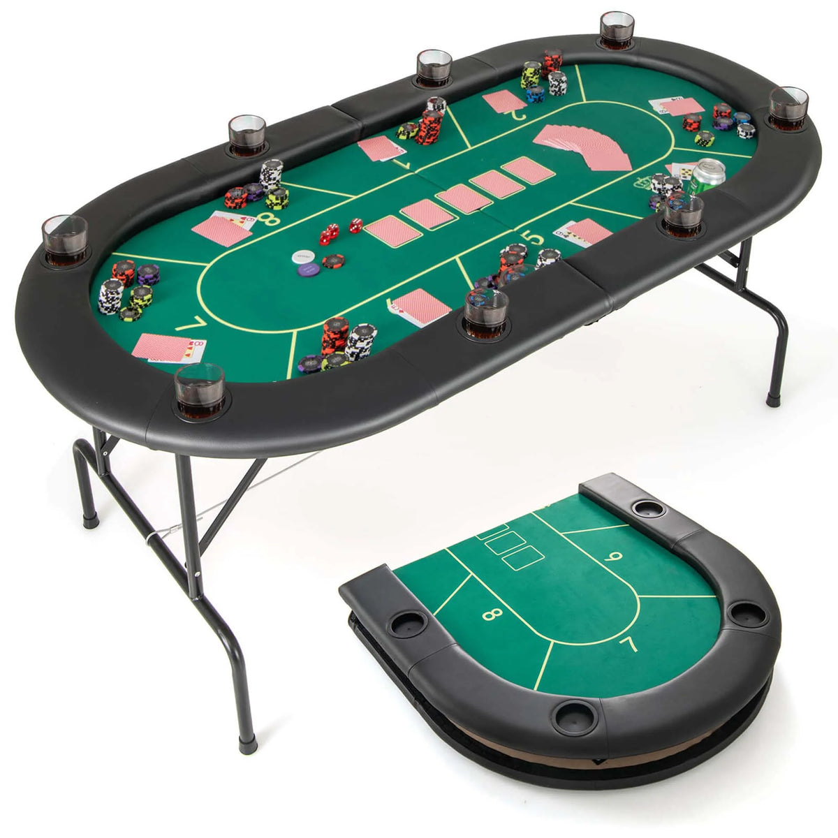 Costway 8 Players Card Board Game Table with 8 Cup Holders Casino-Grade Felt Surface Green