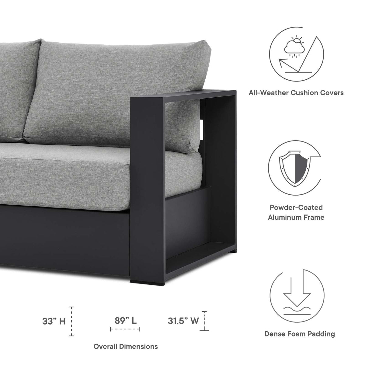 Lounge Sofa Table Set, Grey Gray, Aluminum, Metal, Fabric, Modern Contemporary, Outdoor Patio Balcony Cafe Bistro Garden Furniture Hotel Hospitality