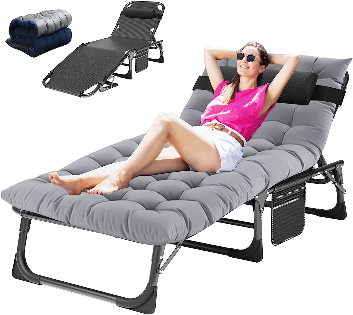Slsy Folding Lounge Chair, 5-Position Adjustable Outdoor Reclining Chair, Folding Sleeping Bed Cot, Folding Chaise Lounge Chair for Pool Beach Patio Sunbathing