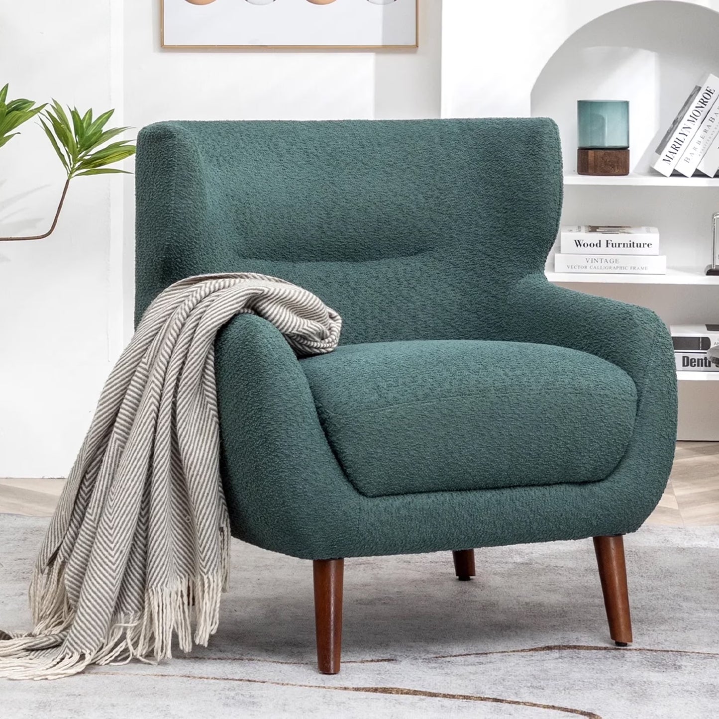 ALEAVIC White Accent Chair Upholstered Armchair with Solid Wood Legs