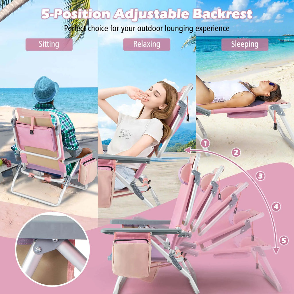 Costway 2-Pack Folding Backpack Beach Chair Table Set 5-Position Outdoor Reclining Chair Pink