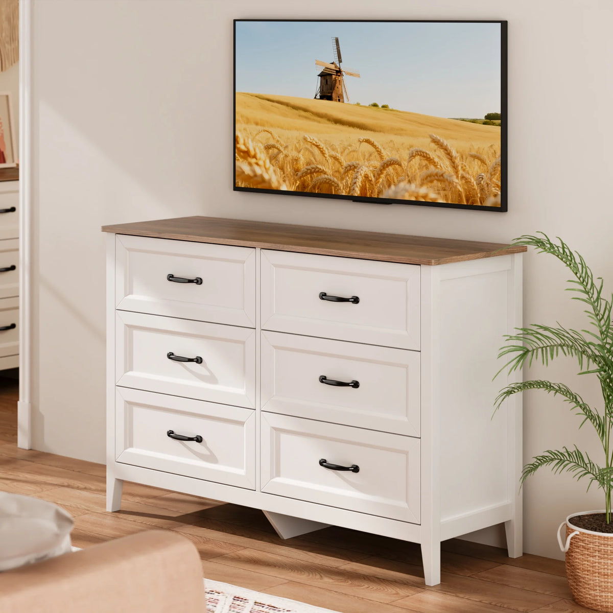 White Dresser, Lofka 6 Drawer Dresser for Bedroom, Chests of Drawers for Living Room, White?? Brown