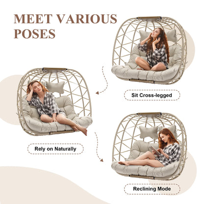 RADIATA Double Wicker Egg Swing Chair with Stand, 2-Person Hanging Egg Chair for Indoor/Outdoor, 700lbs Capacity, Thick Cushions & Headrest,Sturdy Metal Frame��Dark Gray