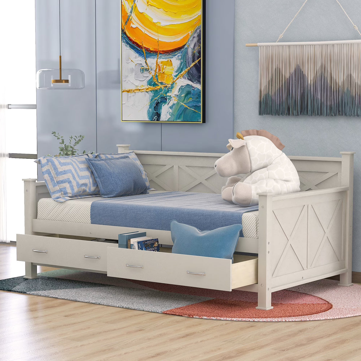 Euroco Twin Size Dayed with 2 Storage Drawers for Bedroom Low Profile Platform Bed, White