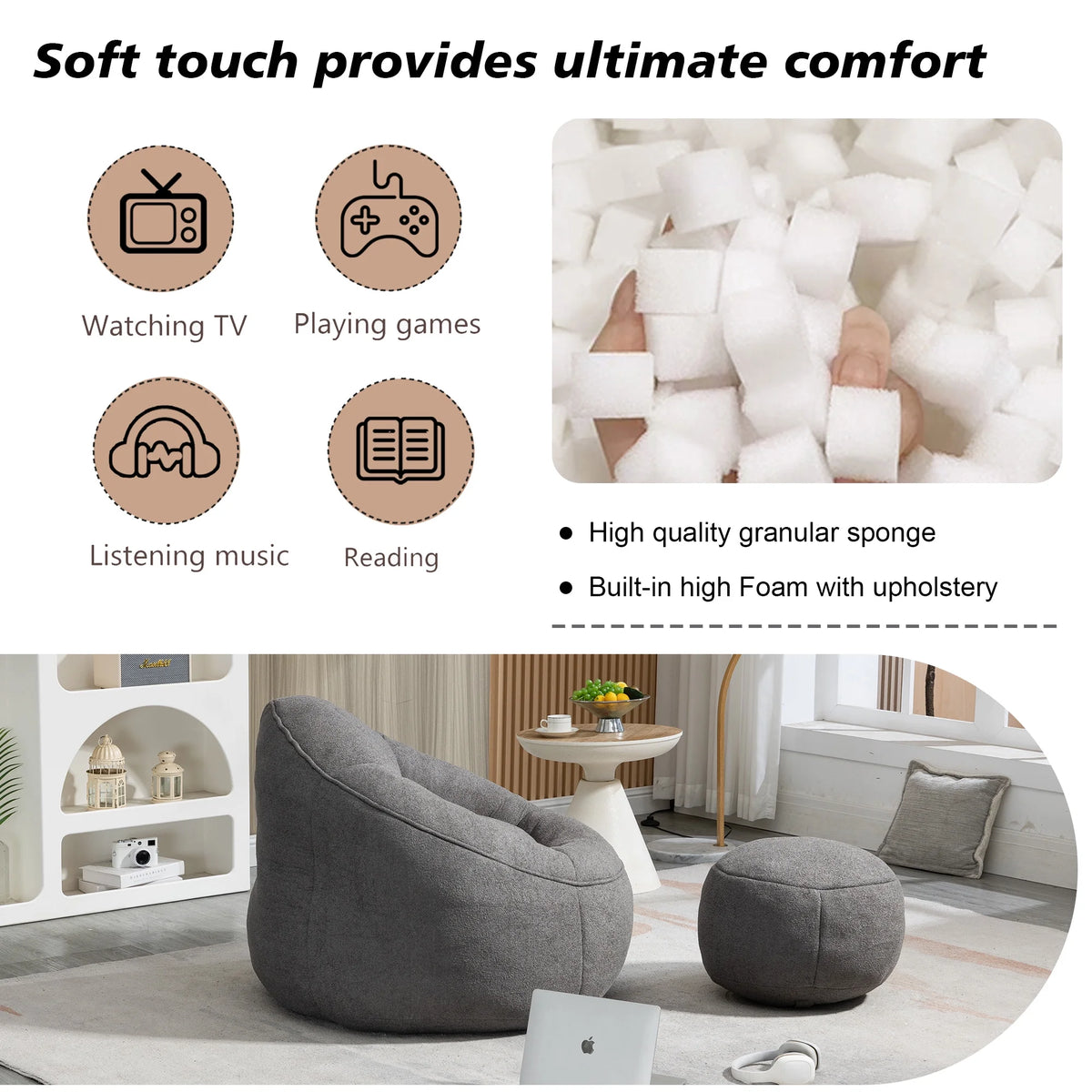 MOONMISS Microfiber Upholstered High Pressure Foam Round Lazy Bean Bag Sofa Chair with Ottoman-Gray