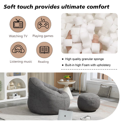 MOONMISS Microfiber Upholstered High Pressure Foam Round Lazy Bean Bag Sofa Chair with Ottoman-Gray
