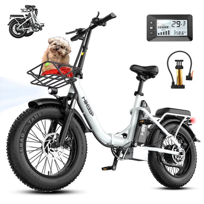 Electric Bike for Adults Step-Through Ebike with 16" Fat Tire, To Speed 19.9 MPH, 48V 13AH Removable Battery, E-Mountain Bicycle with Back Seat & Front Basket, UL2849 (White)