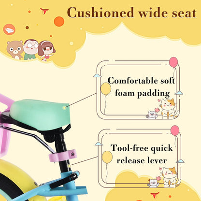 RULLY 14" Kids Bike for 3 4 5 Years Girls 35-47 inch Tall, Girls Toddler Bicycle with Training Wheels, Doll Bike Seat & Coaster Brake, Rainbow Bike, Macarons