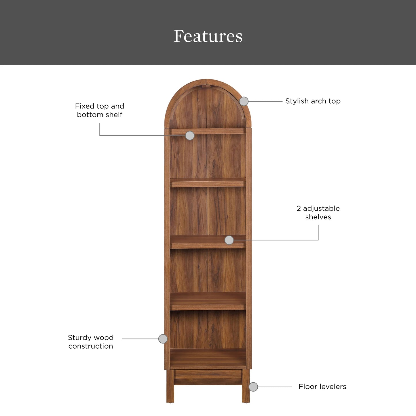 Better Homes & Gardens Juliet Narrow Arch Bookcase, Rich Black and Light Honey