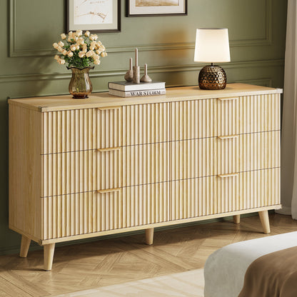 GIKPAL Bedroom Dresser and Nightstand 3 Piece Set - Includes Boho Double 6 Drawer Storage Dresser, Nightstand Set of 2 with Charging Station, Modern Bedroom Set, Natural