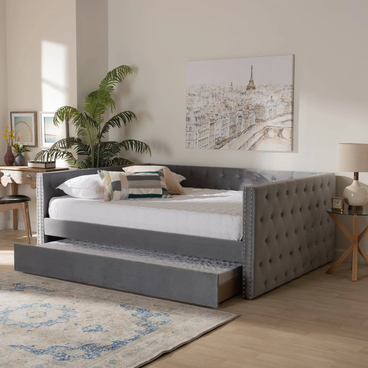 Baxton Studio Larkin Contemporary Upholstered with Trundle Daybed, Full, Grey