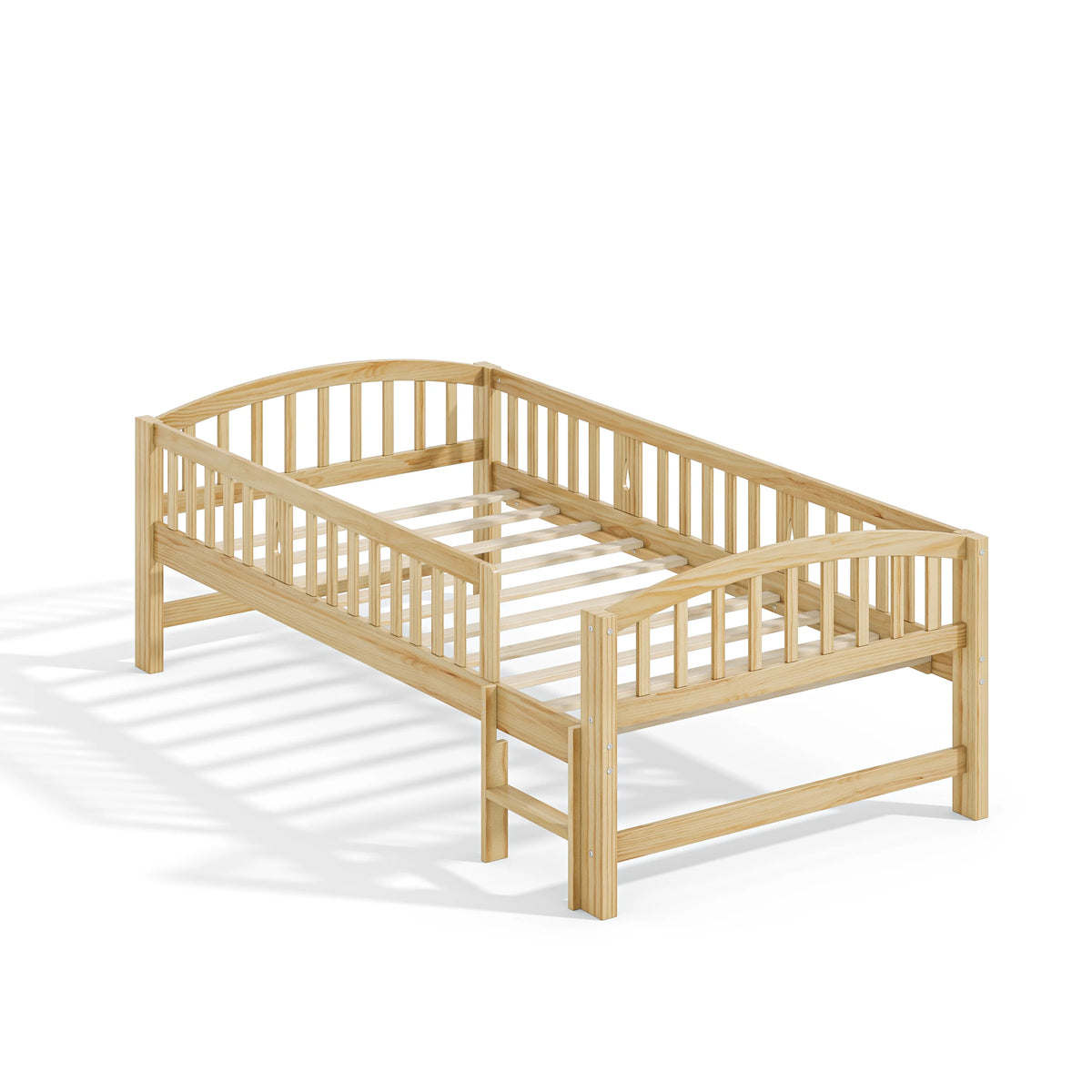 SESSLIFE Twin Size Platform Bed, Solid Wood Twin Bed Frame with Slats, Fence Guardrail Ladder, Twin Floor Bed with Strong Legs for Boys Girls, No Box Spring Needed, Holds 400 lbs, White