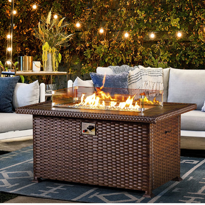 HOMREST Propane Fire Pit Table, 44 Inch 50,000 BTU Auto-Ignition Gas Fire Pit Table Rectangular /w Glass Wind Guard, Wood Plastic Composites Tabletop, CSA Certification Firepit for Outdoor Patio Lawn