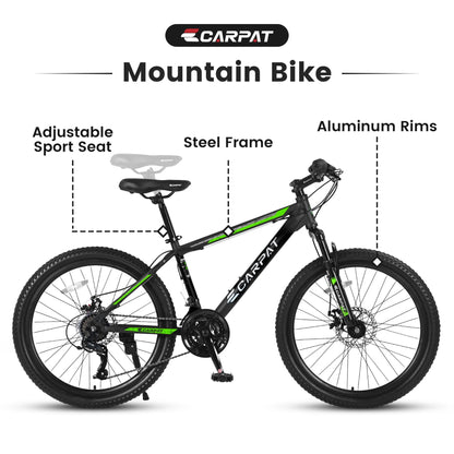 26 Inch Mountain Bike 21 Speed With Dual Disc Brakes High Carbon Steel Frame For Adults All Terrain Commuter Bicycle For Trail Beach City Snow Riding Green