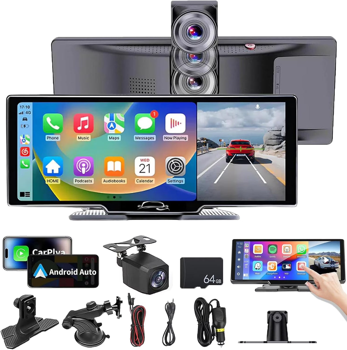 Car Tablet Pro Max 2025 Model, 10.26" HD Touch Carplay & Android Auto Screen, 4K Dash Cam Dual Camera with Voice Control, Mirror Link, Bluetooth, GPS Navigation, 1080p Backup Camera 64/128G