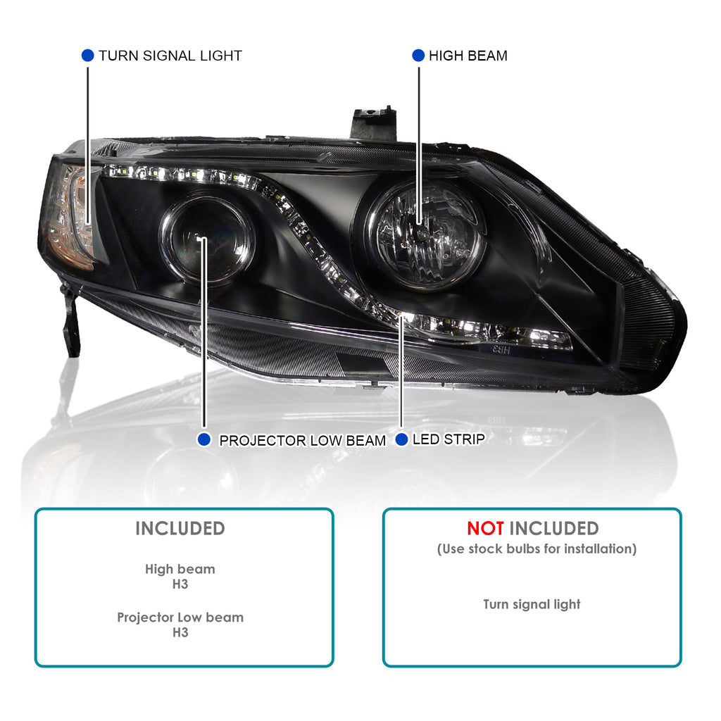 Spec-D Tuning LED Headlights Black Compatible with 2006-2011 Honda Civic 4 Door Sedan, Left + Right Pair Headlamps Assembly