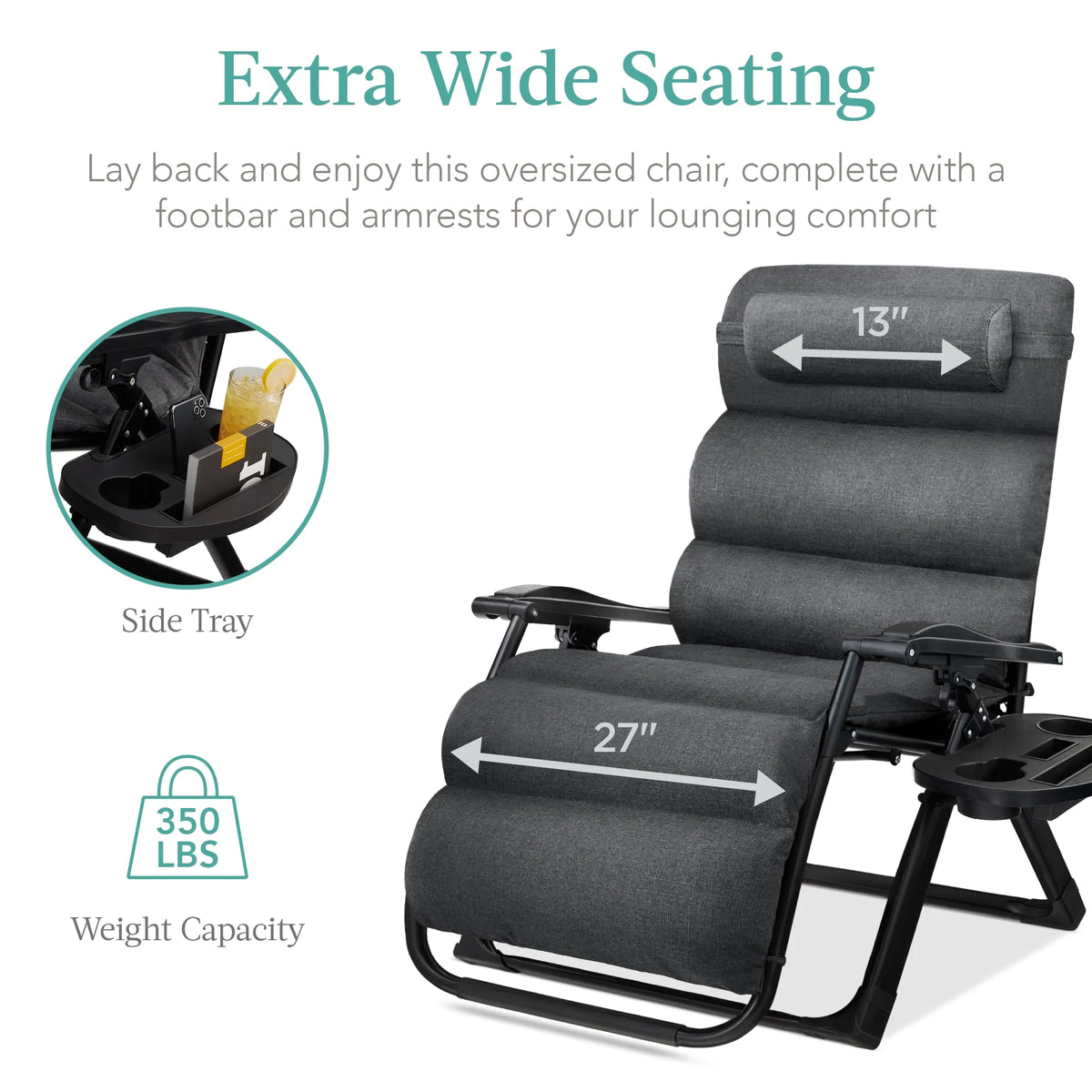 Best Choice Products Oversized Zero Gravity Chair, Folding Recliner w/ Removable Cushion, Side Tray - Fossil Gray