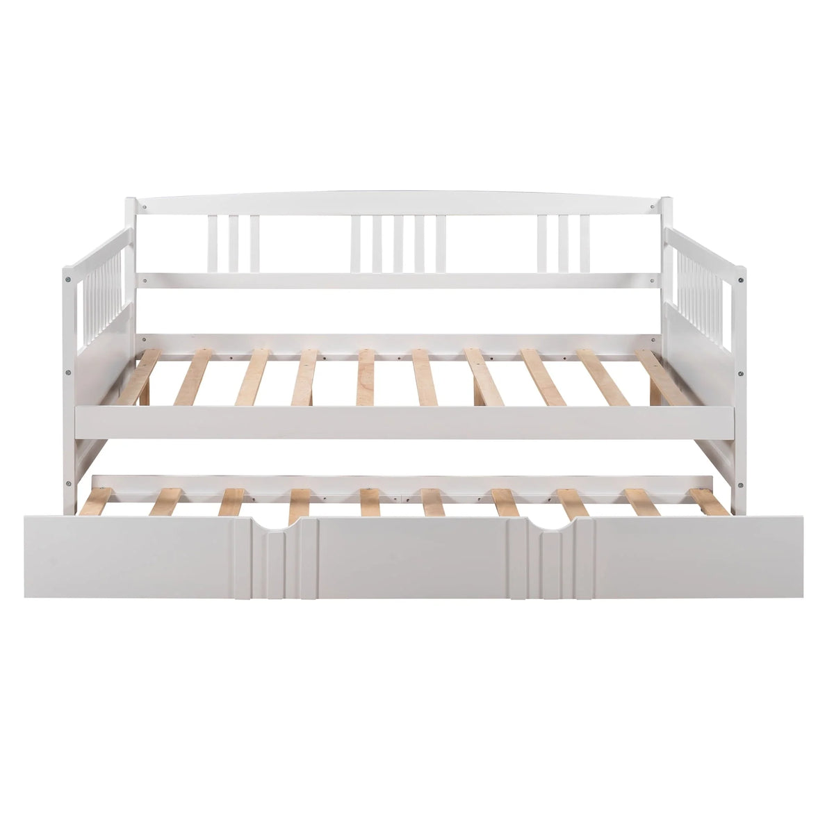 Daybed with Trundle Included, Full Size Daybed Bed Frame with Headboard and Footboard, Living Room Sofa Bed with Pull Out Bed, Wood Single Bed for Kids Boys Girls, No Box Spring Needed, White, J948