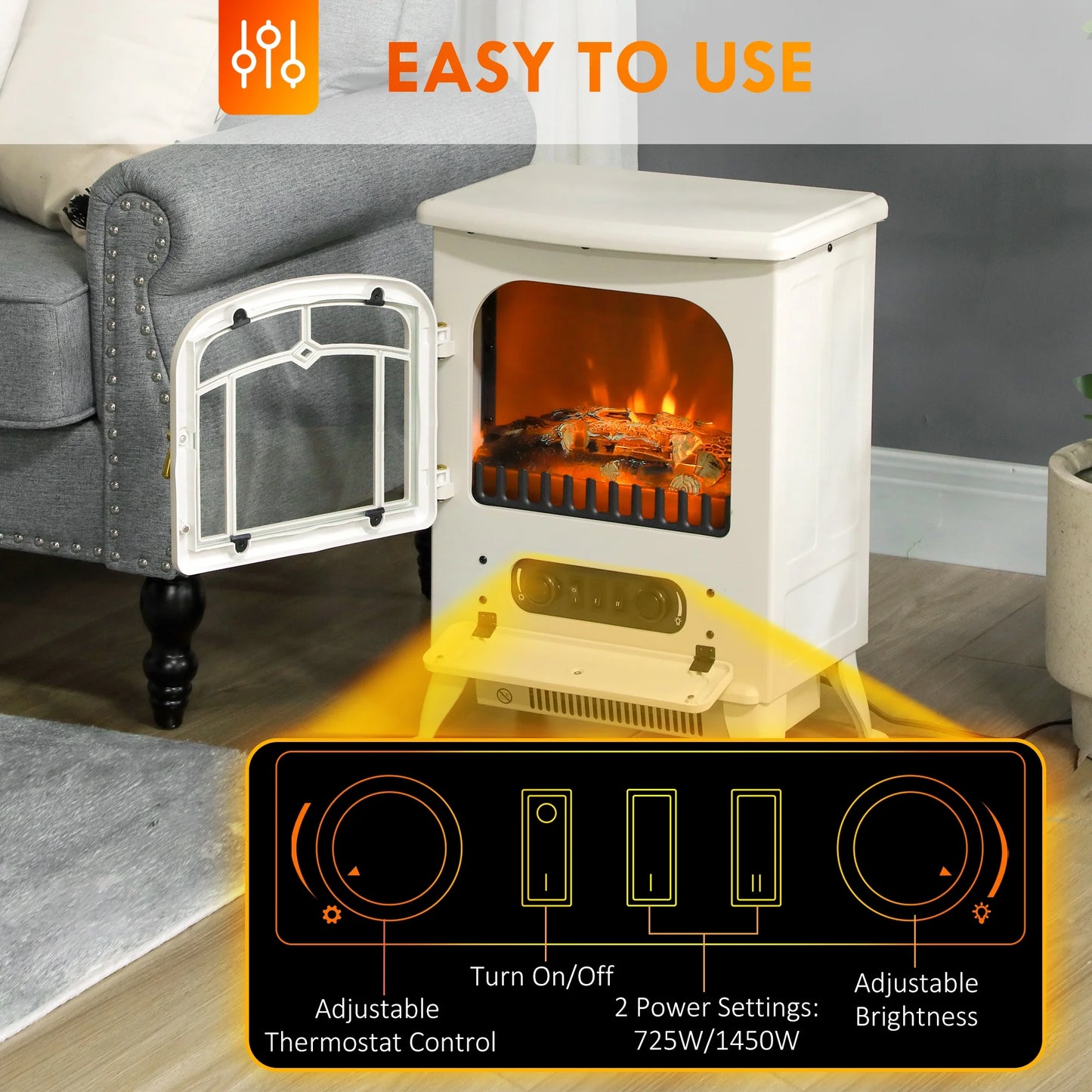 HOMCOM Electric Fireplace Heater with Realistic LED Flames Beige