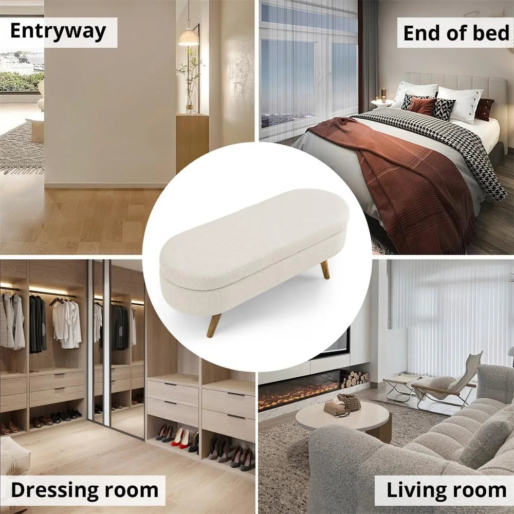 Sumdeal 43.5" Storage Ottoman Bench with 250lb Seating, Linen Upholstered Wood Legs Safety Hinge Flip Top Oval Foot Rest Long Stool for Sofa Couch Bedroom End of Bed Living Room Entryway, White