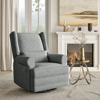Royalcraft Swivel Nursery Glider Recliner, Comfy Upholstered Glider Chair with Lumbar Pillow and Footrest, Beige