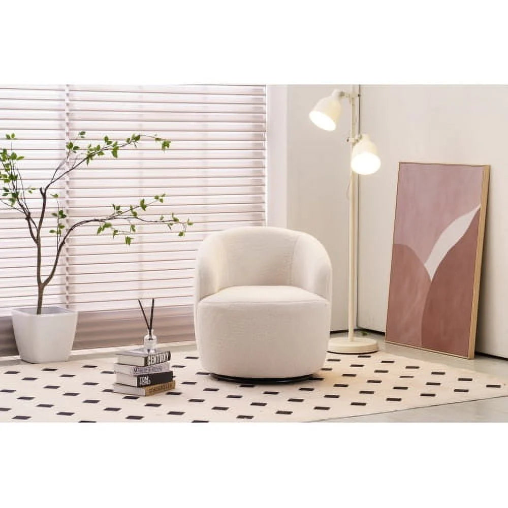 Swivel Chair, Round Accent Sofa Chair, Teddy Fabric Swivel Accent Armchair, Modern Leisure Arm Chair for Living Room, Hotel, Bedroom, Office, Ivory
