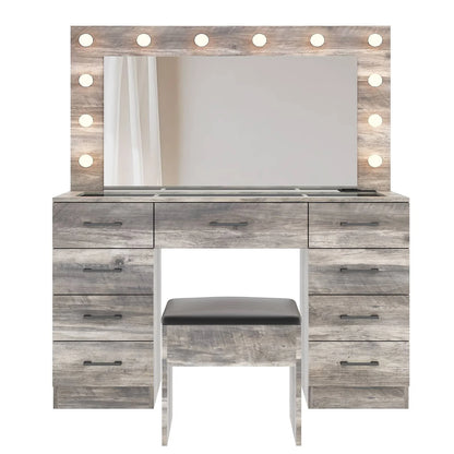 Ktaxon Large Makeup Vanity, Vanity Table Set w/ Visible Glass Top w/ Charging Station, White