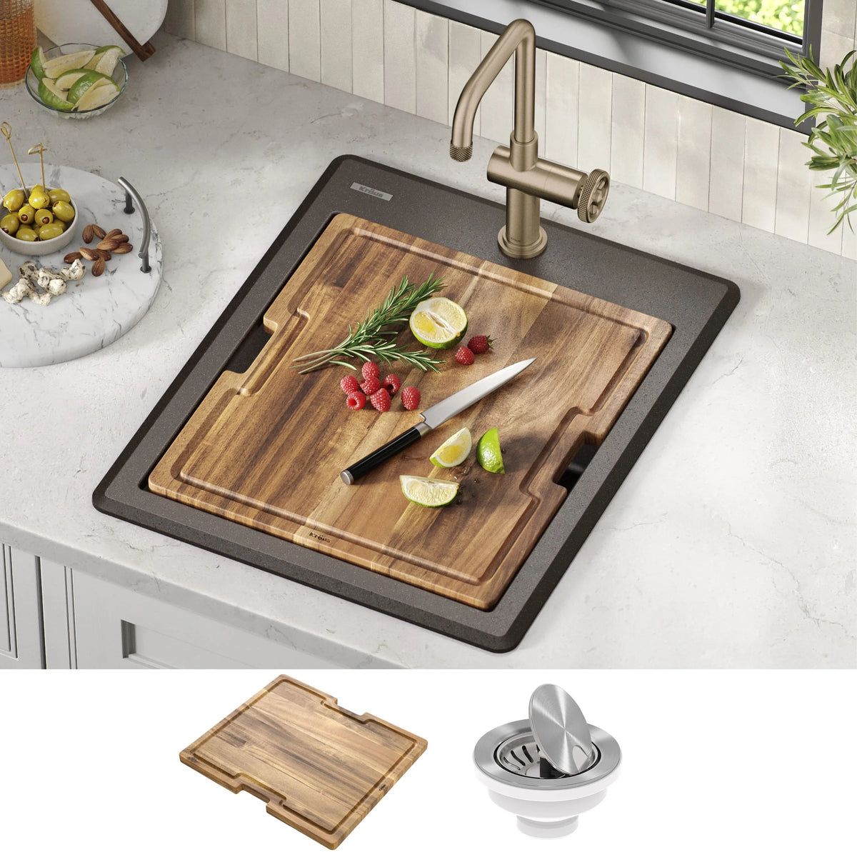 KRAUS Bellucci 18 Granite Composite Workstation Drop-In Top Mount Single Bowl Kitchen Bar Sink in White with Accessories