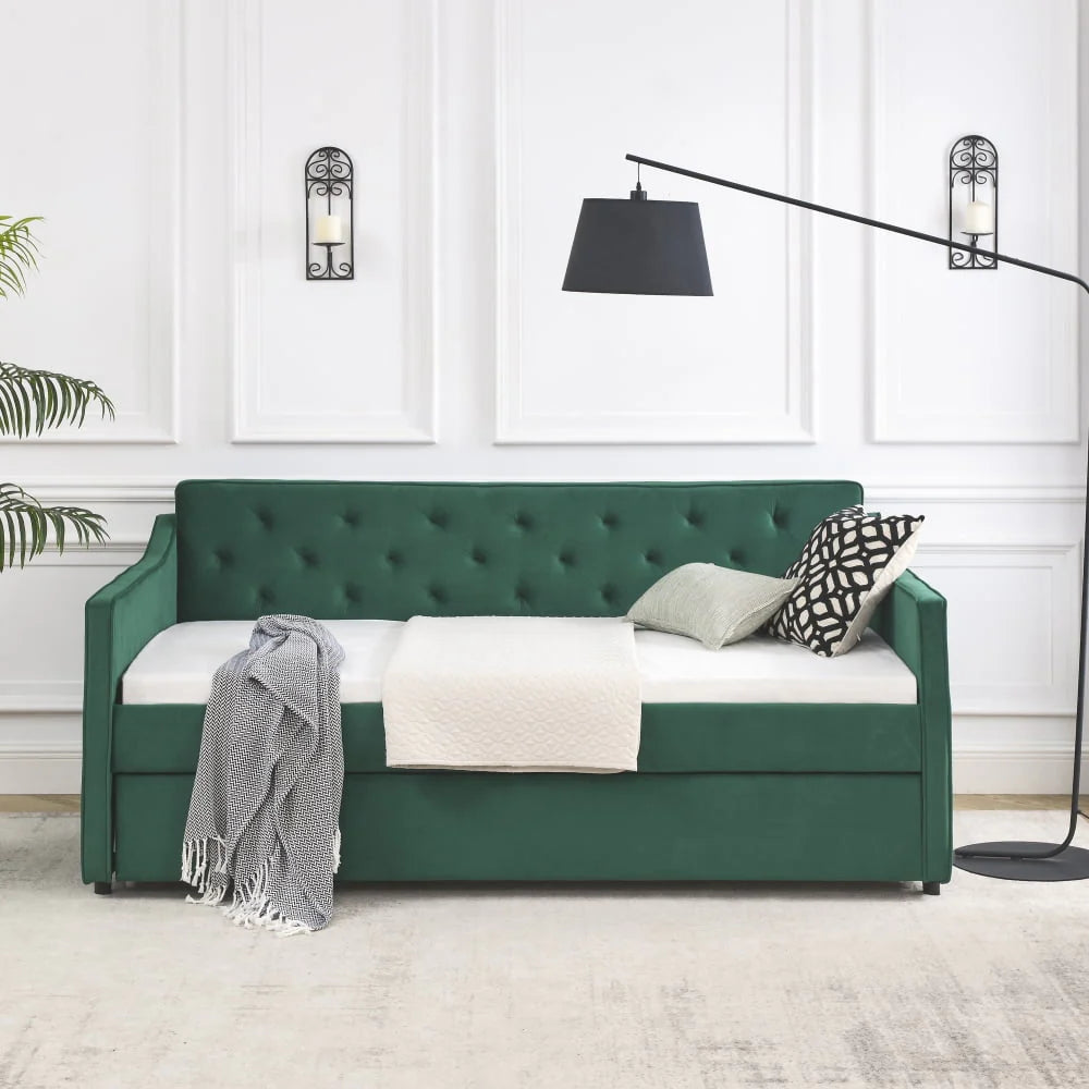 Twin Size Daybed with Trundle, Modern Button Tufted Linen Upholstered Sofa Day Bed Frame with A Roll-Out Trundle, Bedframe Furniture for Bedroom Living Room Guest Room,Green