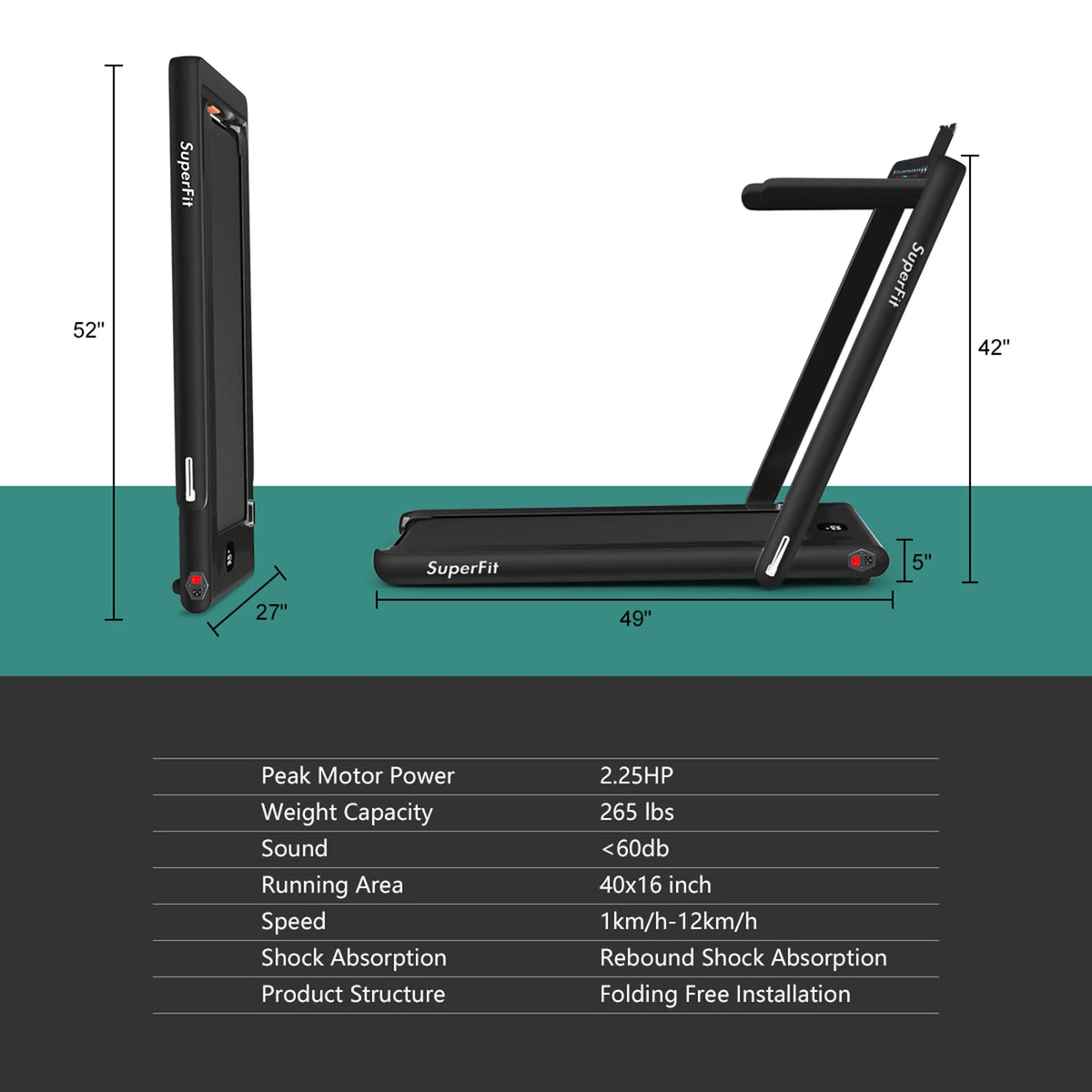 Gymax 2 in 1 Folding Treadmill 2.25HP Running Machine w/ Dual Display APP Control Black