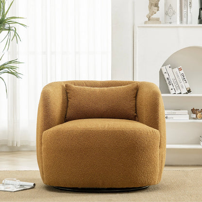 34" Wide Boucle Swivel Barrel Chair, No Assembly Round Upholstered Armchair Accent Chair Single Sofa Chair with Toss Pillow for Living Room and Bedroom, Taupe