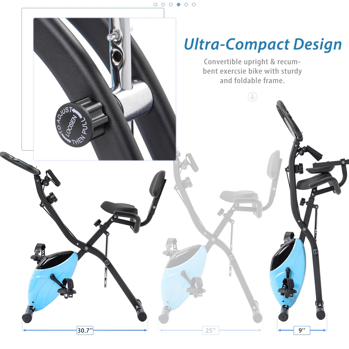 Exercise Bike Foldable Fitness Indoor Stationary Bike Magnetic Upright Recumbent Exercise Bike for Home Workout - Light Blue
