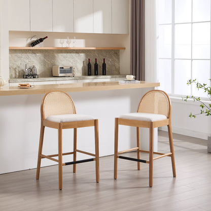 Guyou Modern Bar Stools Set of 2, 26" Counter Height Bar Stools with Natural Rattan Back and Solid Wood Frame, Sherpa Upholstered Kitchen Island Chairs for Bar Island Cafe Kitchen, Black
