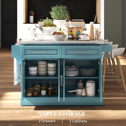 HOMCOM Multi-functional Rolling Kitchen Island Cart with Cabinets and Drawers, Portable Kitchen Storage Cabinet with Spice Rack, Towel Rack, Knife Rack, Steel Top