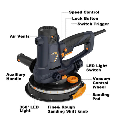 POVANLI 780W Electric Drywall Sander with Vacuum Dust Collection, 6.5A Motor Dustless Floor Sander with Variable Speed 900-1800RPM, LED Light, Extendable & Foldable Handle Yellow+Black
