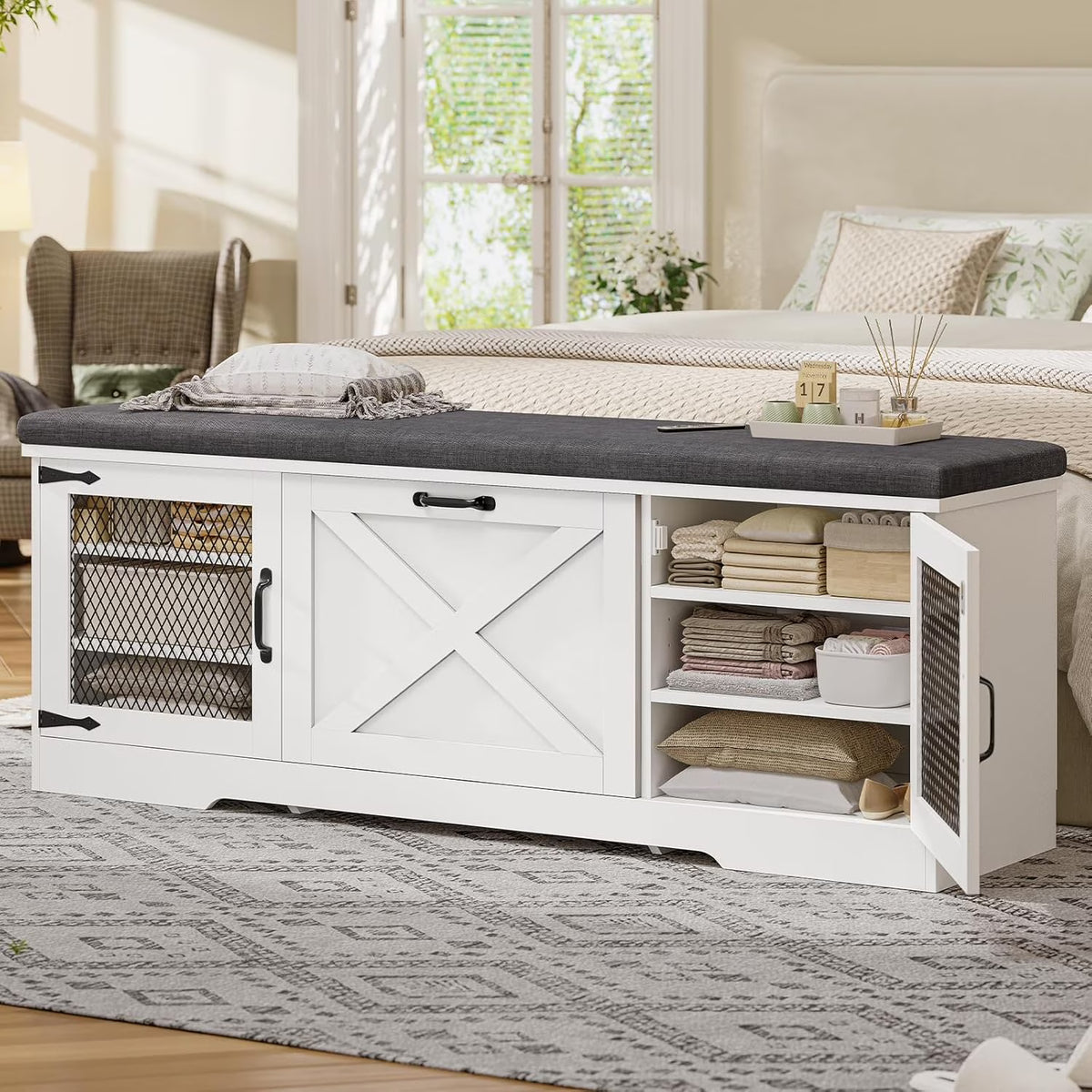 Farmhouse Storage Bench with Cushion, 31.4in Shoe Cabinet with Metal Barn Door and Half Hidden Storage Space for Entryway, Bedroom, Living Room, Old White