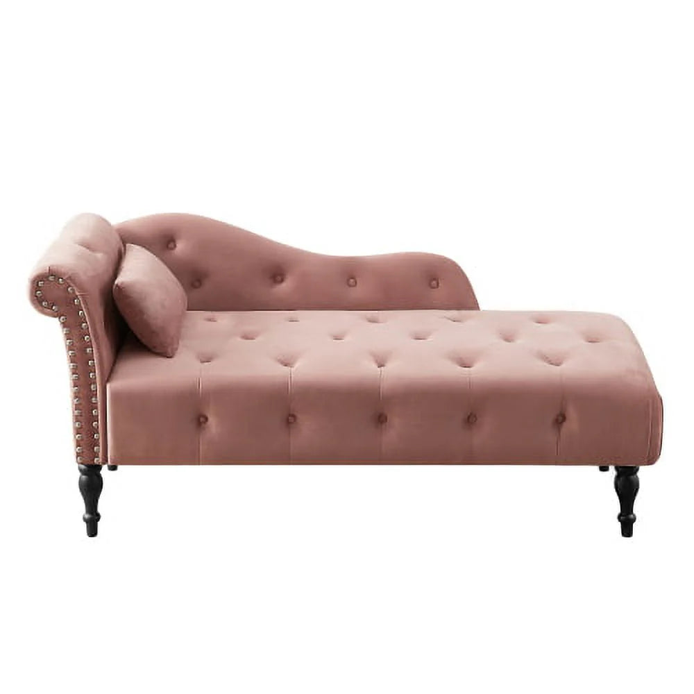60.6" Velvet Chaise Lounge Chair, Sleeper Lounge Sofa with Buttons Tufted and Nailhead Trimmed, Modern Tufted Long Lounger with 1 Pillow and Solid Wood Legs, for Living Room or Office, Rose