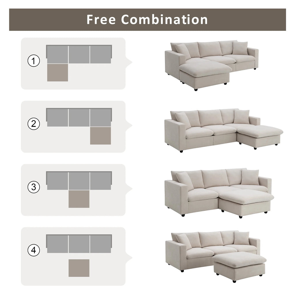 Harper & Bright Designs Modern Sectional Sofa 3 Seat Couch with Ottoman, Upholstered L Shaped Cloud Couch for Small Space Apartment Office, White