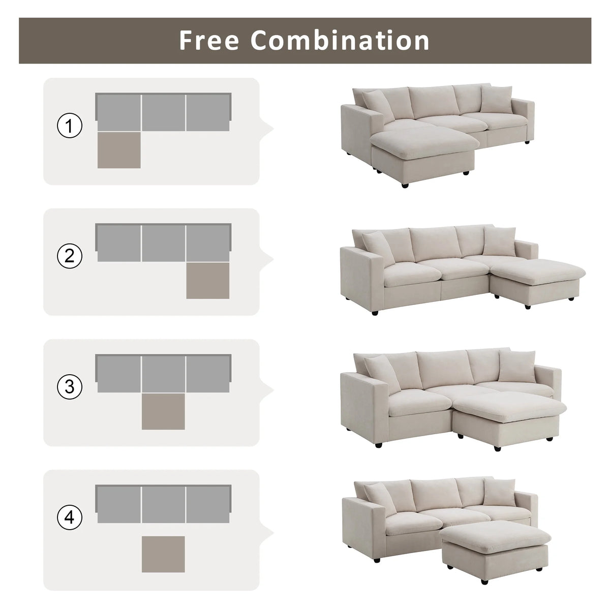 Harper & Bright Designs Modern Sectional Sofa 3 Seat Couch with Ottoman, Upholstered L Shaped Cloud Couch for Small Space Apartment Office, White