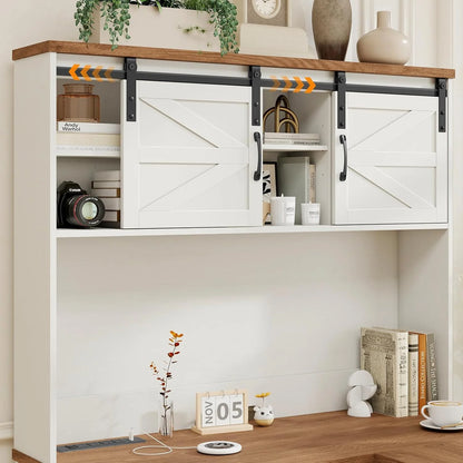 Vabches 68" H L Shaped Desk and Hutch with Storage, Office Desk with Drawers, Charging Station, Sliding Doors, Unique White