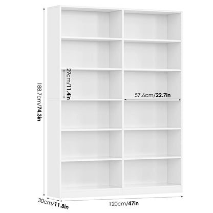 Homfa 74.3�� Double Wide 6-Tier Bookcase, Extra Large Wooden Freestanding Display Bookshelf for Home Office Living Room, White