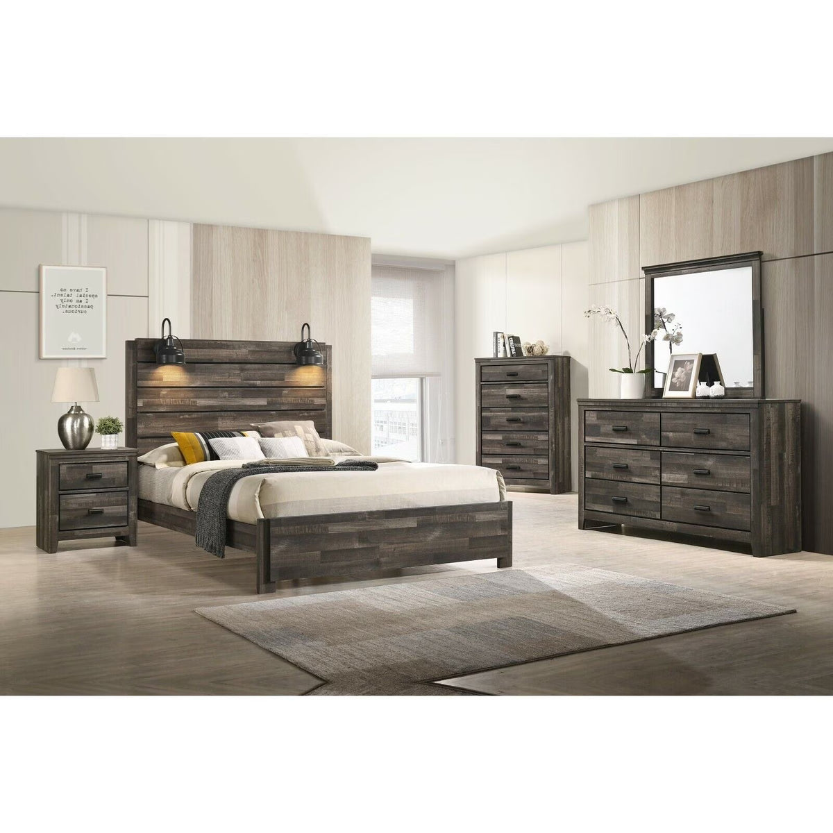 Rustic Brown Finish Queen Size 5Pc Built in Light Platform Bed Set Wooden Bedroom Furniture HS Brand