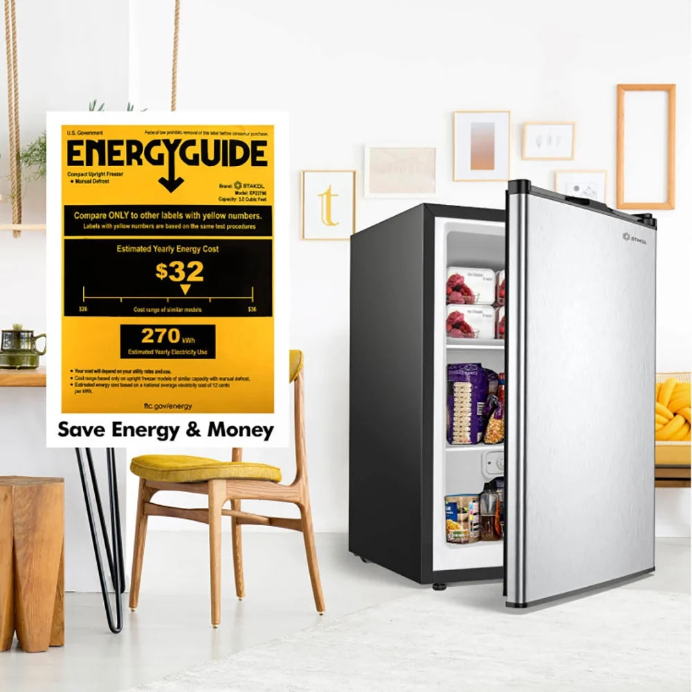 Spaco 3 Cubic Feet Compact Upright Freezer with Stainless Steel Door, Compact Refrigerator for Dorm, Office, Bedroom