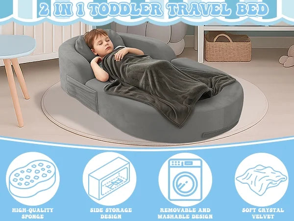 Coumy Toddler Travel Bed 2-in-1 Kids Sofa Chair with Removable Cover, Soft Foam Portable Foldable Toddler Bed for Travel with Carrying Bag, Blue