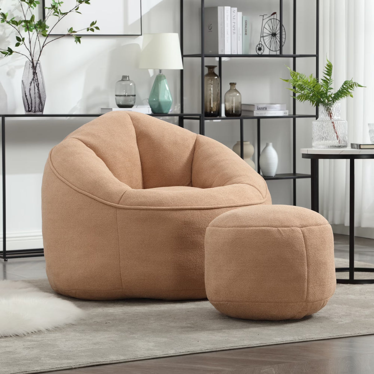MOONMISS Microfiber Upholstered High Pressure Foam Round Lazy Bean Bag Sofa Chair with Ottoman-Gray
