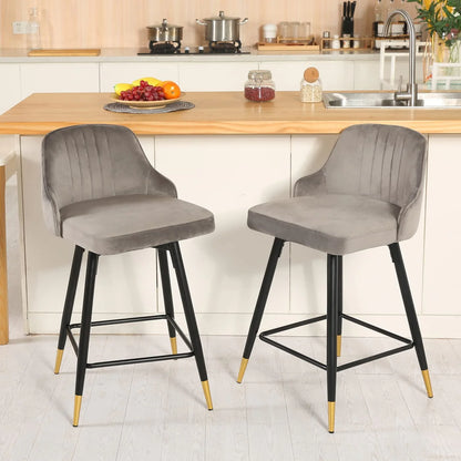 EiweLive 25'' Swivel Bar Stools with Back Set of 4, Gray Velvet Counter Height Stools for Kitchen Island, Pub