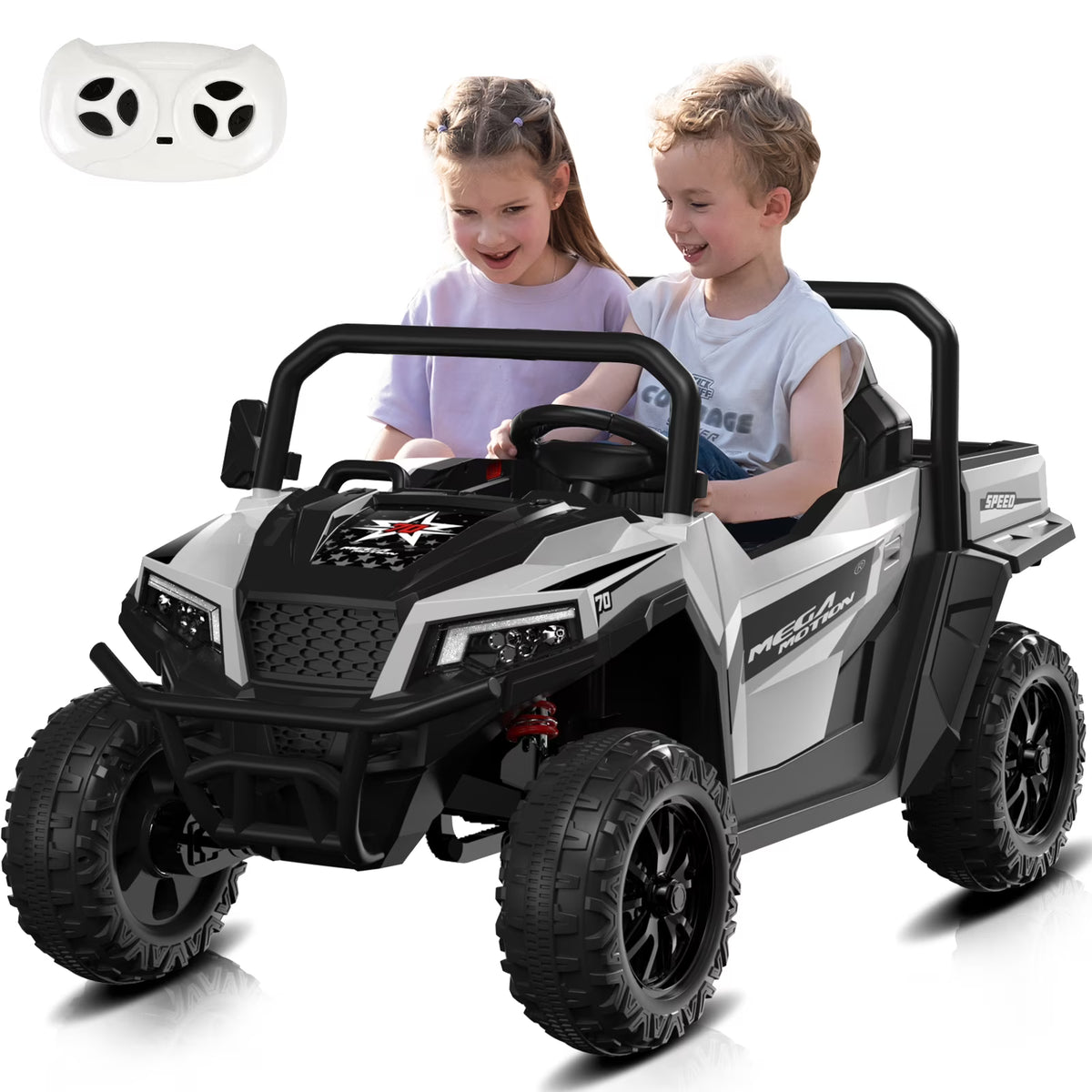 Mega Motion 24V Kids Electric Ride-On UTV Truck with 4WD, Dump Bed, 2 Seats, LED Lights, Music, Remote Control, Shovel, for Boys & Girls