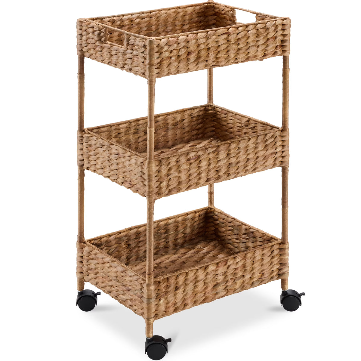 Best Choice Products 3-Tier Water Hyacinth Rolling Nursery Caddy w/ Wheels, Utility Cart, Storage Organization - Natural