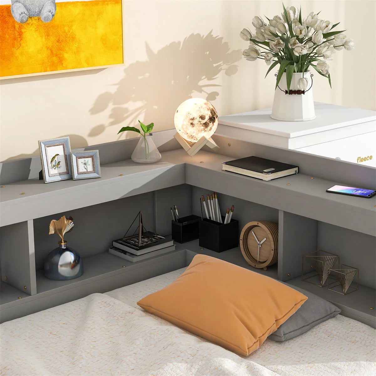 Twin Bed with L-Shaped Bookcases and Two Drawers,Solid Wood Platform Bed Frame with Bookcases Headboard and Wood Slats Support,Twin Size Daybed Frame for Bedroom Living Room,No Box Spring Needed,Gray